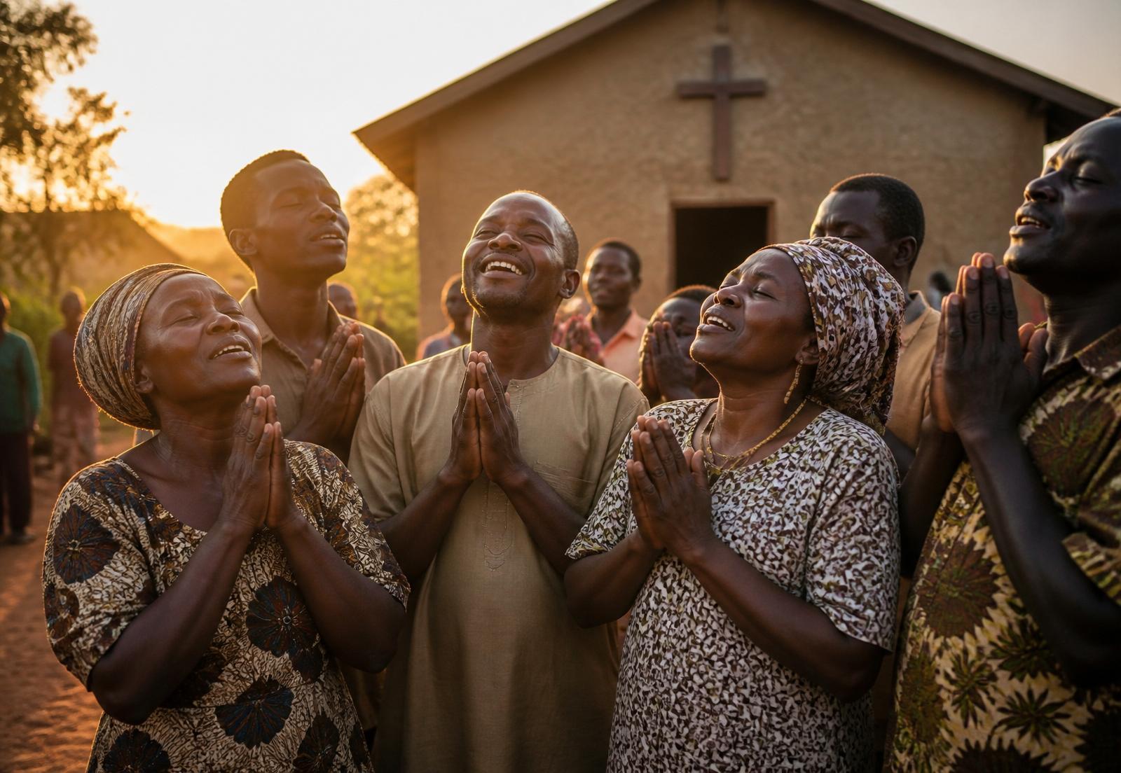African Christians praying together outside a mission church at sunset.