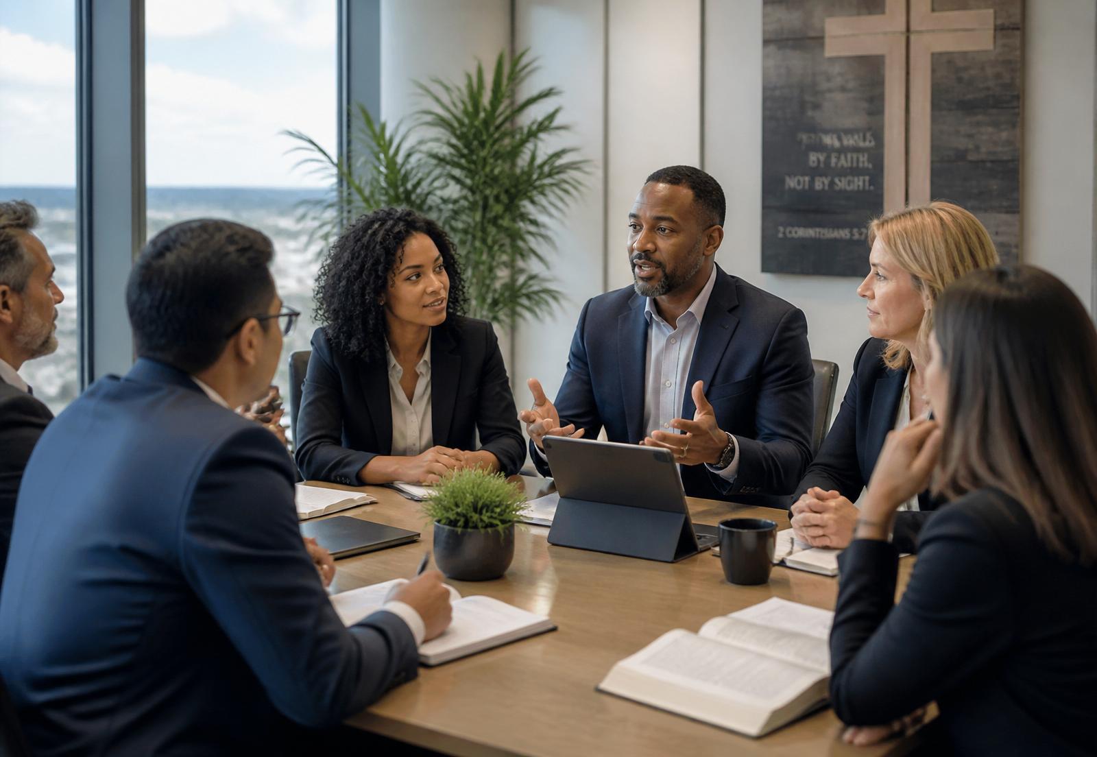 Christian business leaders in discussion around a boardroom table.