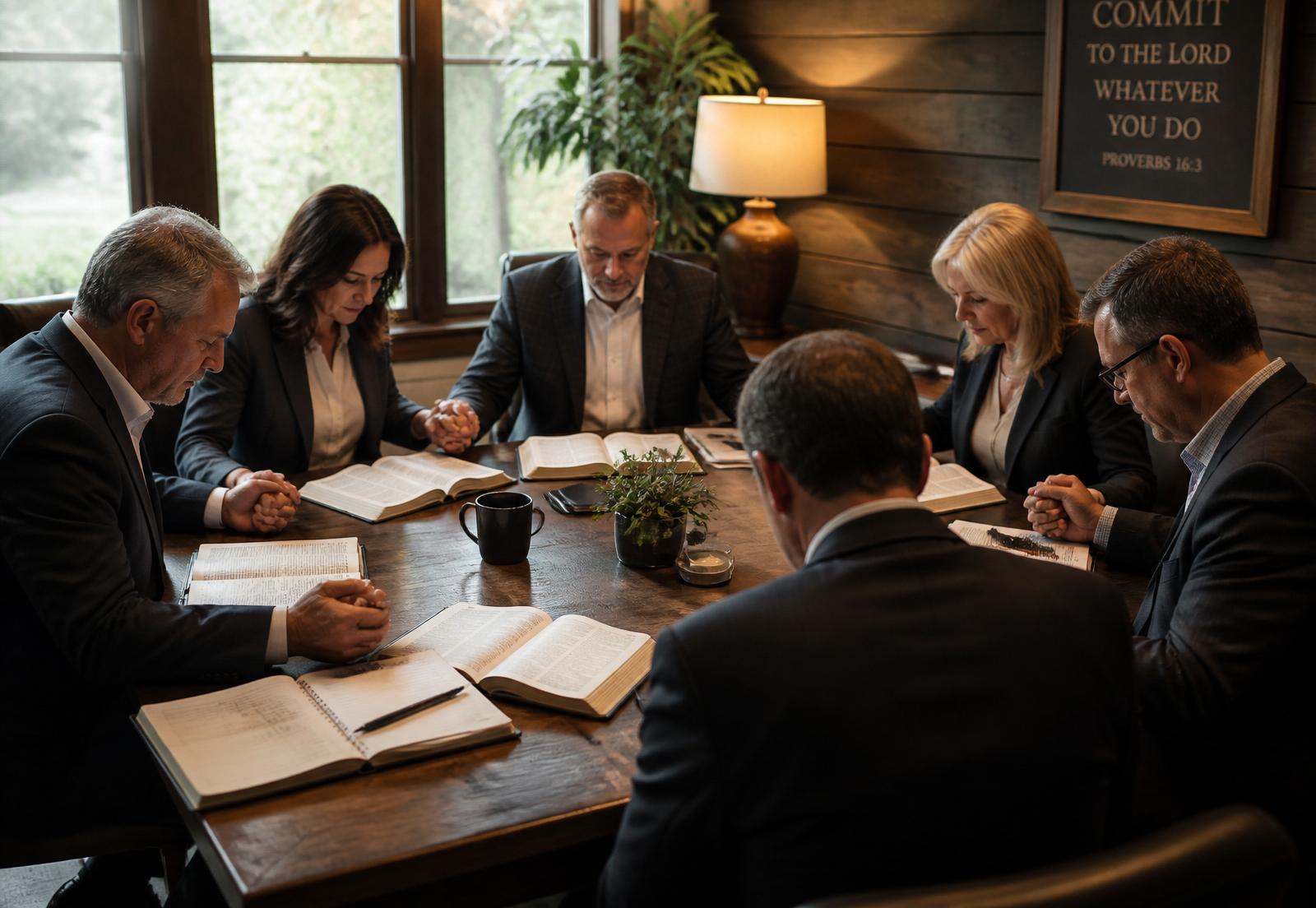 Christian professionals collaborating in a modern office.