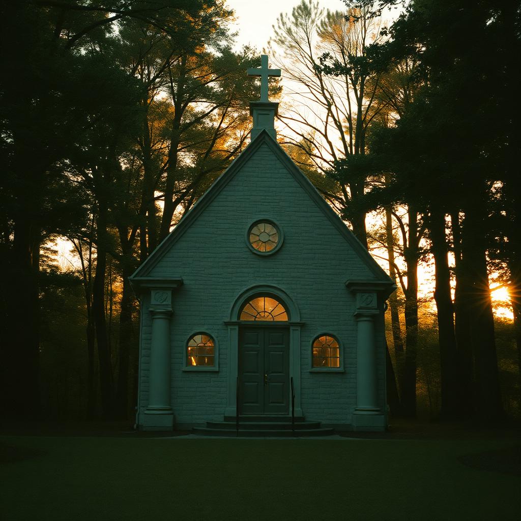 A historic church building warmly lit at dusk.