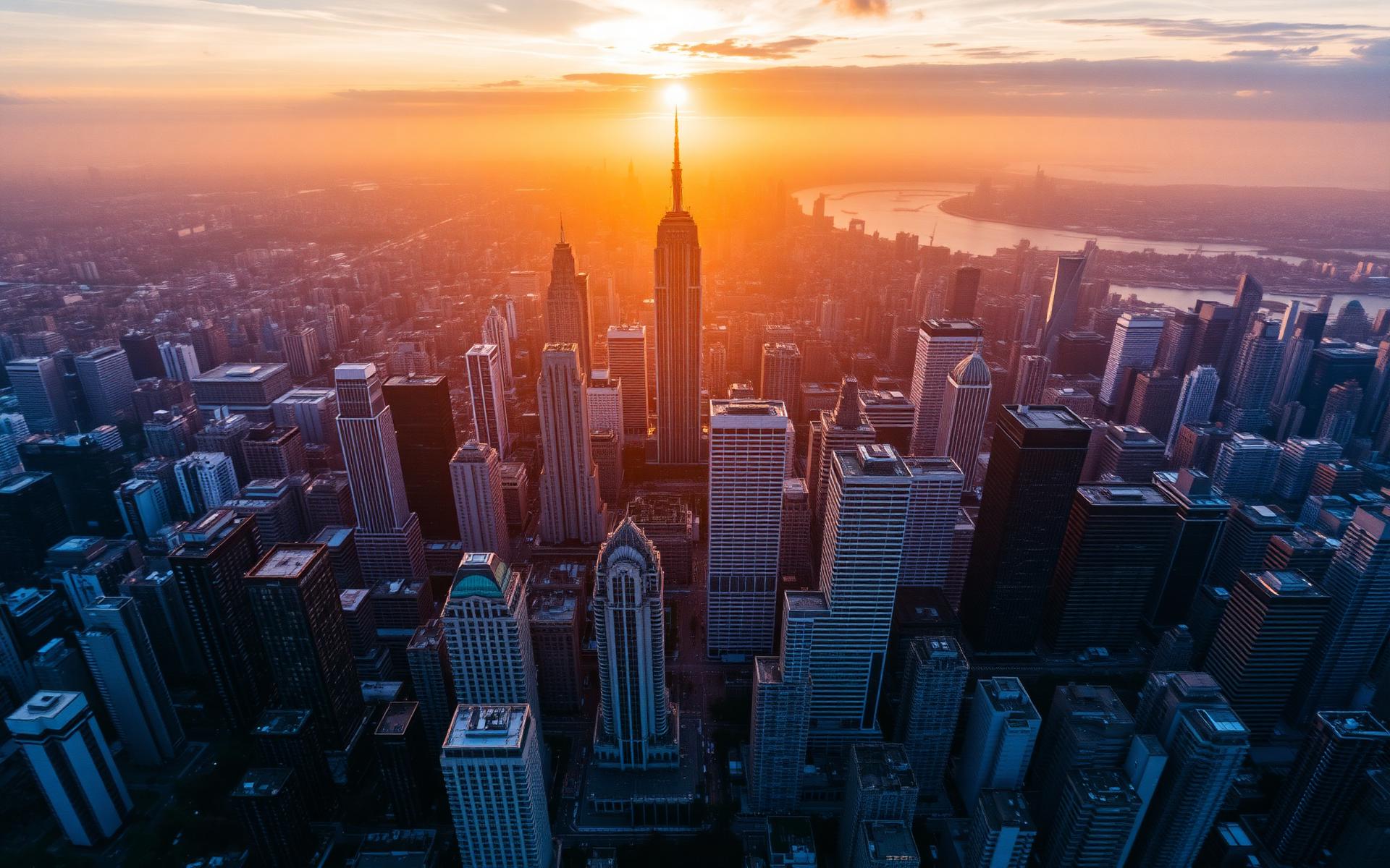 A modern city skyline at sunrise, representing global travel and connection.