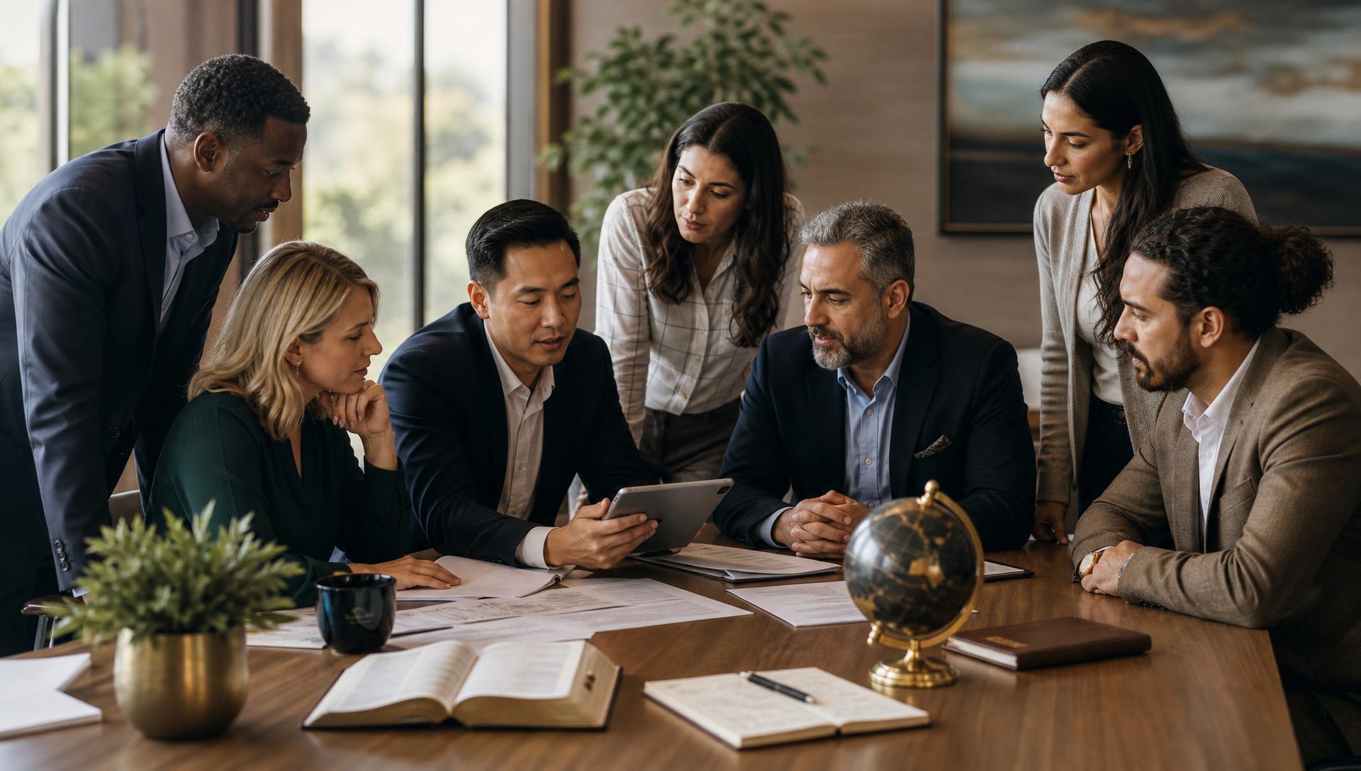 Diverse Christian entrepreneurs and business leaders gathered around a boardroom table with an open Bible and a globe, discussing faithful stewardship.