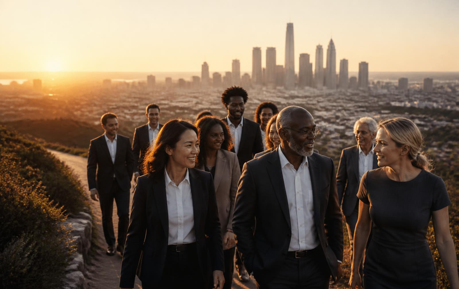 A diverse group of Christian business leaders walking together along a hilltop path at sunrise, with a city skyline on the horizon.